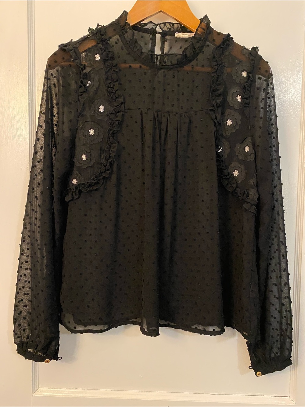 POL Sheer Black Swiss Dot Ruffle Blouse Small